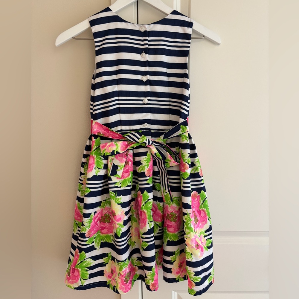 Jona Michelle Navy Striped Floral Sleeveless Lined Party Dress, Girls Size 7 - Picture 9 of 12